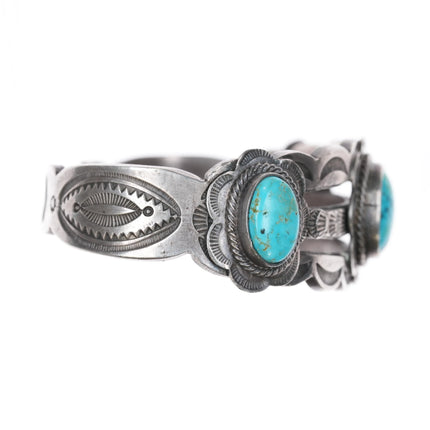 6" 30's-40's Intricately stamped Navajo silver cuff bracelet w/3 turquoise - Estate Fresh Austin