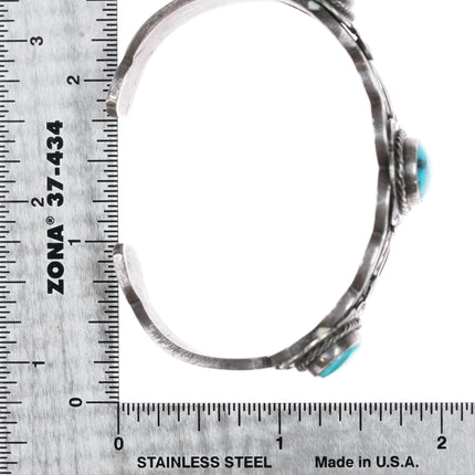 6" 30's-40's Intricately stamped Navajo silver cuff bracelet w/3 turquoise - Estate Fresh Austin