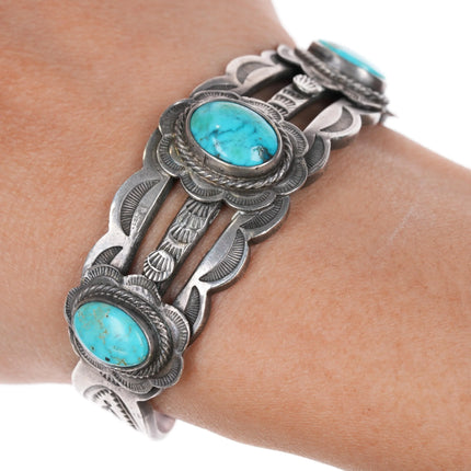 6" 30's-40's Intricately stamped Navajo silver cuff bracelet w/3 turquoise - Estate Fresh Austin