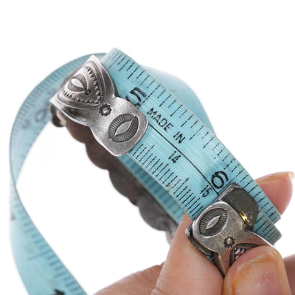 6" 30's-40's Intricately stamped Navajo silver cuff bracelet w/3 turquoise - Estate Fresh Austin