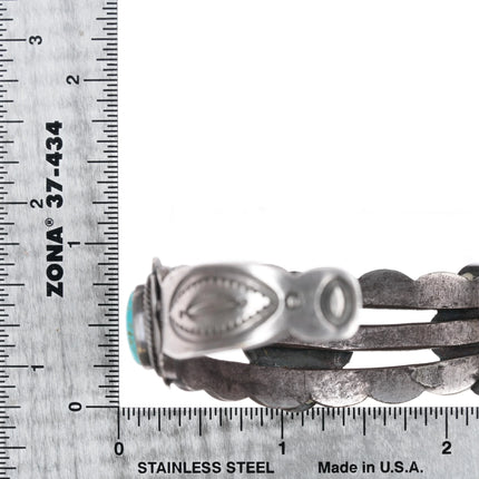 6" 30's-40's Intricately stamped Navajo silver cuff bracelet w/3 turquoise - Estate Fresh Austin