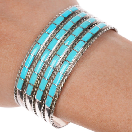 6.12" Jessica Chavez Zuni sterling turquoise inlay 4 row cuff bracelet - Estate Fresh Austin