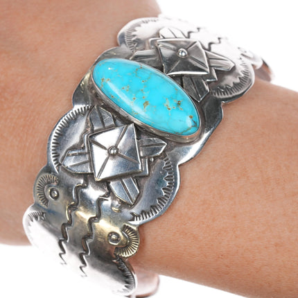 7" M Guerro Navajo silver and turquoise heavy cuff bracelet - Estate Fresh Austin