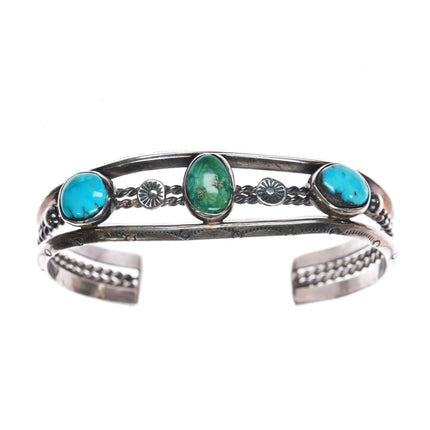 7" c1940's Navajo 3 stone turquoise silver cuff bracelet - Estate Fresh Austin
