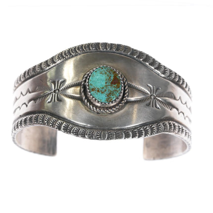 6.75" Vintage Navajo heavily stamped silver cuff bracelet w/turquoise Bisbee? - Estate Fresh Austin