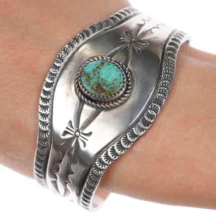 6.75" Vintage Navajo heavily stamped silver cuff bracelet w/turquoise Bisbee? - Estate Fresh Austin