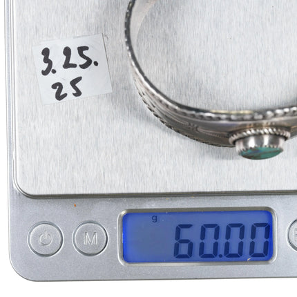 6.75" Vintage Navajo heavily stamped silver cuff bracelet w/turquoise Bisbee? - Estate Fresh Austin