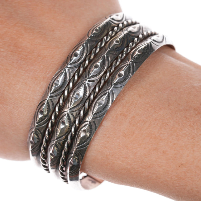6.5" Vintage Navajo silver triple carinated twisted wire stamped cuff bracelet - Estate Fresh Austin
