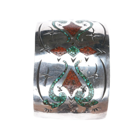 7.25" Vintage E Navajo silver chip inlay wide band cuff bracelet - Estate Fresh Austin