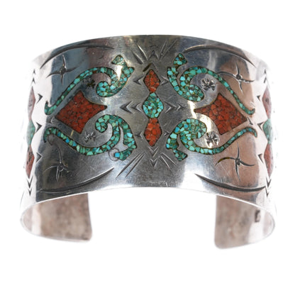 7.25" Vintage E Navajo silver chip inlay wide band cuff bracelet - Estate Fresh Austin