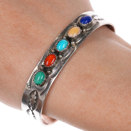 6.5" Vintage Navajo stamped silver multi-stone row cuff bracelet - Estate Fresh Austin