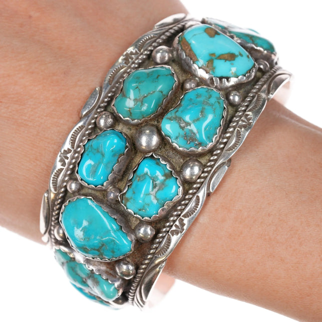 7.375" Johnson Yazzie Navajo 70's Sterling turquoise nugget cuff bracelet - Estate Fresh Austin