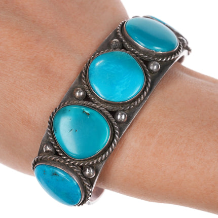 6.625" 1930's Navajo ingot silver cuff bracelet with 5 turquoise stones - Estate Fresh Austin