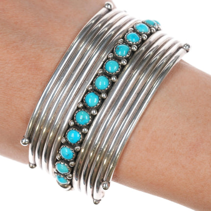 6.625" Billy Betoney Navajo silver modernist Kingman turquoise row cuff bracelet - Estate Fresh Austin