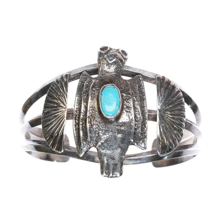 7" Leo Coriz (1913-1997) Santo Domingo Pueblo tufa cast silver and turquoise cuff bracelet - Estate Fresh Austin