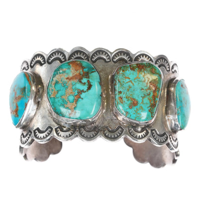 7" Vintage U Navajo silver Nevada turquoise cuff bracelet hand stamped border - Estate Fresh Austin