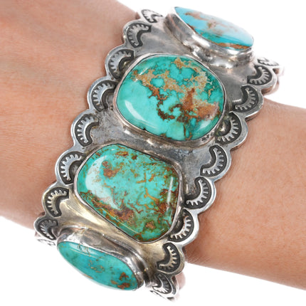 7" Vintage U Navajo silver Nevada turquoise cuff bracelet hand stamped border - Estate Fresh Austin