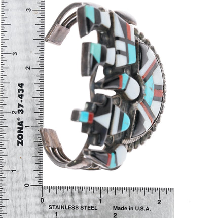 6.5" 50's-60's Zuni Rainbow Man silver cuff bracelet coral, turquoise, shell - Estate Fresh Austin