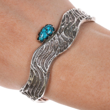 6" Tufa cast silver cuff bracelet with spiderweb turquoise - Estate Fresh Austin
