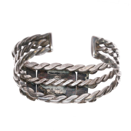 6" c1930's Pueblo silver triple twisted wire turquoise cuff bracelet - Estate Fresh Austin