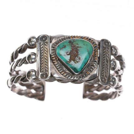 6" c1930's Pueblo silver triple twisted wire turquoise cuff bracelet - Estate Fresh Austin