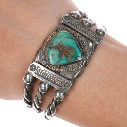 6" c1930's Pueblo silver triple twisted wire turquoise cuff bracelet - Estate Fresh Austin