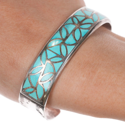 7" Hechilay Zuni sterling fishscale channel inlay turquoise cuff bracelet - Estate Fresh Austin