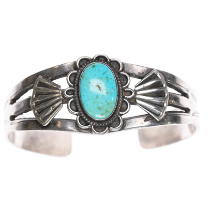 6.375" 40's Navajo silver cuff bracelet with turquoise hand stamped sides - Estate Fresh Austin