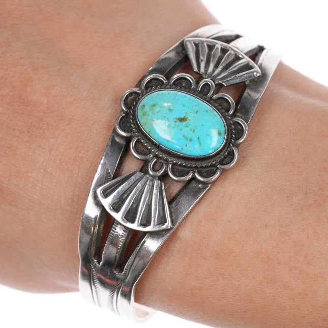 6.375" 40's Navajo silver cuff bracelet with turquoise hand stamped sides - Estate Fresh Austin