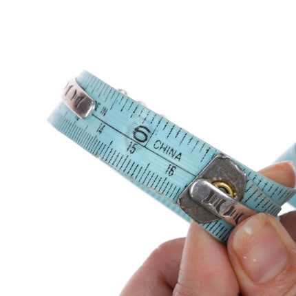 6.5" 1930's Sturdy Zuni silver turquoise row cuff bracelet with stamped sides - Estate Fresh Austin