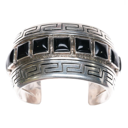 6.875 Andrew McCabe Navajo heavy silver onyx row cuff bracelet stamped interior - Estate Fresh Austin