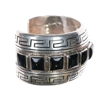 6.875 Andrew McCabe Navajo heavy silver onyx row cuff bracelet stamped interior - Estate Fresh Austin