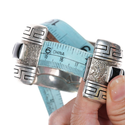 6.875 Andrew McCabe Navajo heavy silver onyx row cuff bracelet stamped interior - Estate Fresh Austin