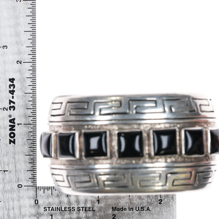 6.875 Andrew McCabe Navajo heavy silver onyx row cuff bracelet stamped interior - Estate Fresh Austin