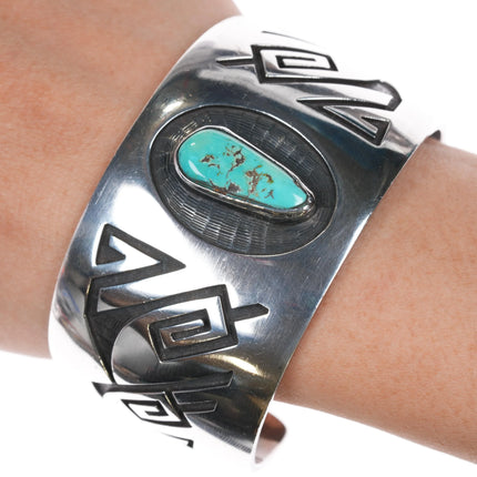 7.12" Tony Kyasyousie Hopi overlay cuff bracelet silver with turquoise - Estate Fresh Austin