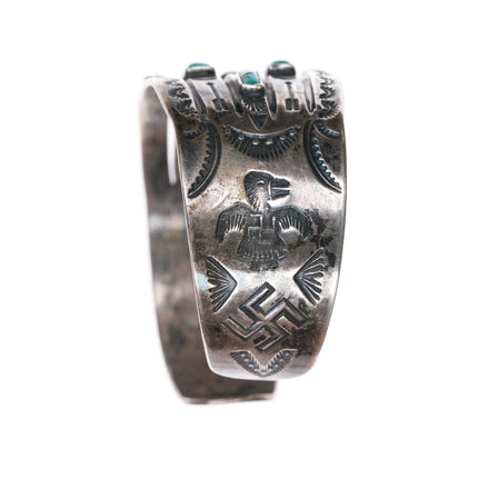 6.5" c1930 Navajo Fred Harvey Whirling Logs thungerbird turquoise cuff bracelet - Estate Fresh Austin