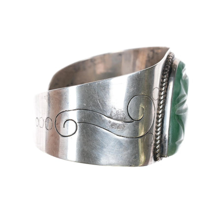 7.625" 40's Mexican Sterling Silver Carved Hardstone cuff bracelet - Estate Fresh Austin