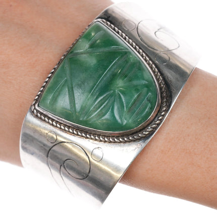 7.625" 40's Mexican Sterling Silver Carved Hardstone cuff bracelet - Estate Fresh Austin