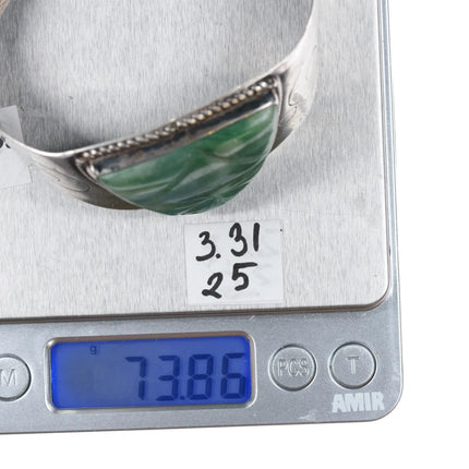 7.625" 40's Mexican Sterling Silver Carved Hardstone cuff bracelet - Estate Fresh Austin