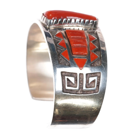6.875 Michael Perry Navajo silver coral inlay cuff bracelet - Estate Fresh Austin