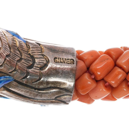 Antique Chinese Republic period silver enamel coral beads dragon bangle bracelet - Estate Fresh Austin