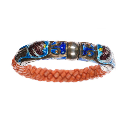 Antique Chinese Republic period silver enamel coral beads dragon bangle bracelet - Estate Fresh Austin