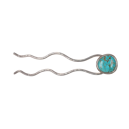 Riverwoman Design Hammered Sterling and turquoise large hair pin - Estate Fresh Austin