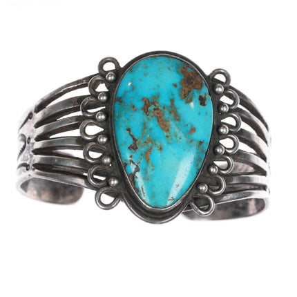 6.5" 20's-30's Navajo ingot silver cuff bracelet with large turquoise - Estate Fresh Austin