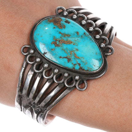 6.5" 20's-30's Navajo ingot silver cuff bracelet with large turquoise - Estate Fresh Austin