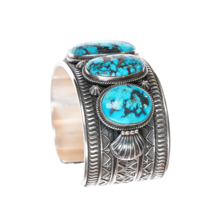 7.325" Darrell Cadman Navajo deep stamped silver large row cuff bracelet - Estate Fresh Austin