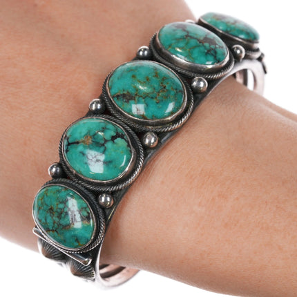 6.9" Harry Morgan Navajo silver green turquoise revival row cuff bracelet - Estate Fresh Austin