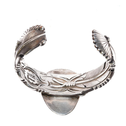 7.25" Ben Begaye Navajo interior stamped silver cuff bracelet w/ nice turquoise - Estate Fresh Austin