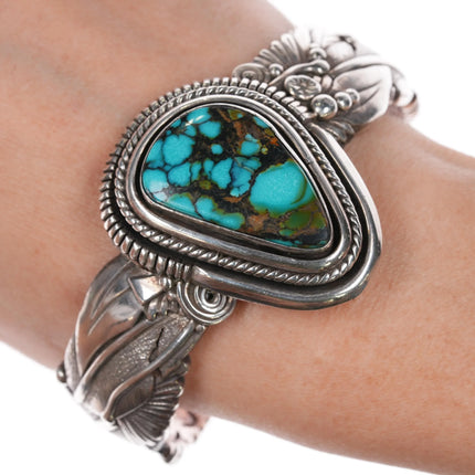 7.25" Ben Begaye Navajo interior stamped silver cuff bracelet w/ nice turquoise - Estate Fresh Austin