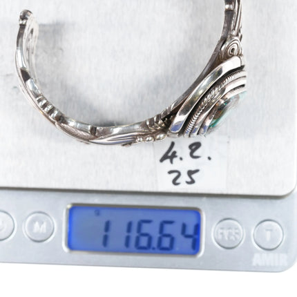 7.25" Ben Begaye Navajo interior stamped silver cuff bracelet w/ nice turquoise - Estate Fresh Austin
